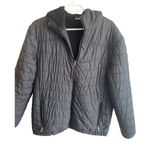 New Balance Puffer Jacket Mens Medium Black Hooded Full Zipper Long Sleeve